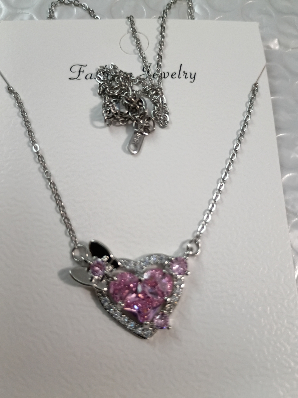 Silver Heart Necklace with Pink Crystal Accents